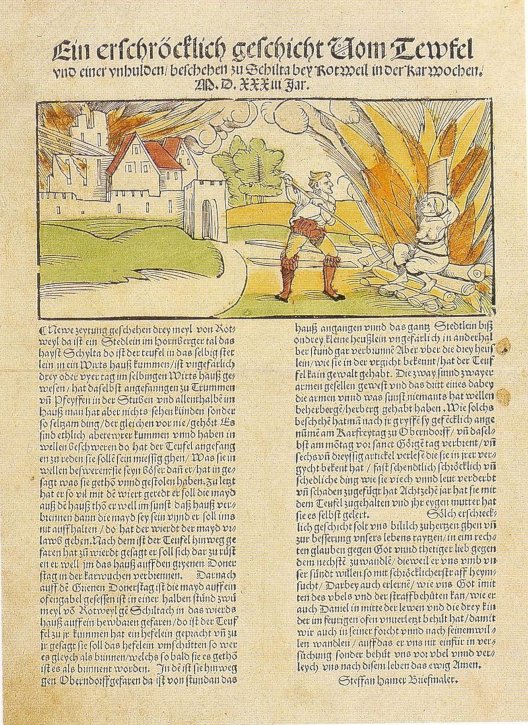 Flugblatt mit der Verbrennung einer vermeintlichen Hexe, die 1531 mit dem Teufel die Stadt Schiltach verbrannt haben soll. Von „Briefmaler“: Stefan Hamer; 